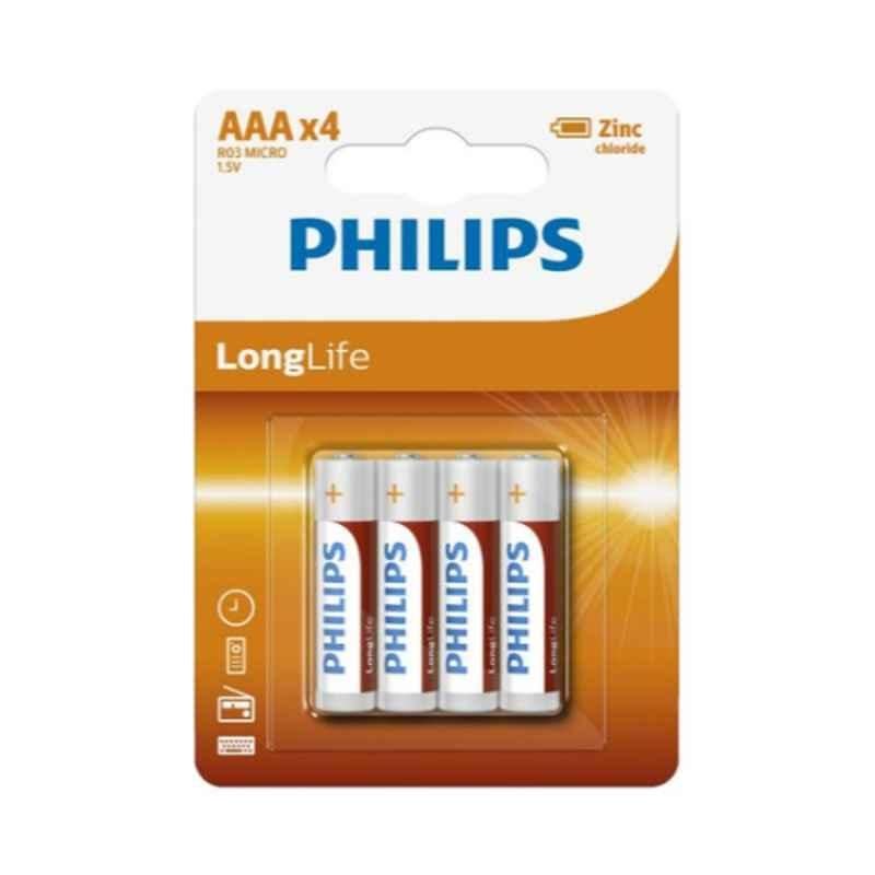 Philips LongLife 4Pcs 1.5V AAA White, Red & Silver Zinc Chloride Battery Set, R03L4B/97