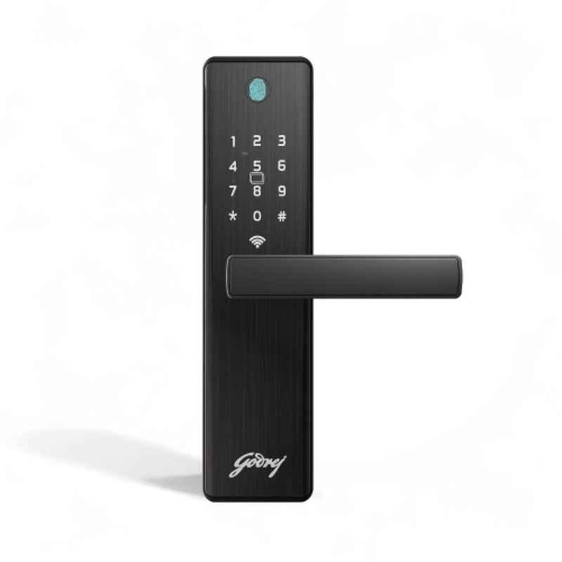 Godrej Neo Connect Black 5 in 1 Digital Smart Lock for Wooden Door with WiFi, Fingerprint, PIN, RFID Card, Mobile App, Mechanical Key, 3 Dead Bolts & 3 Years Warranty, 9687