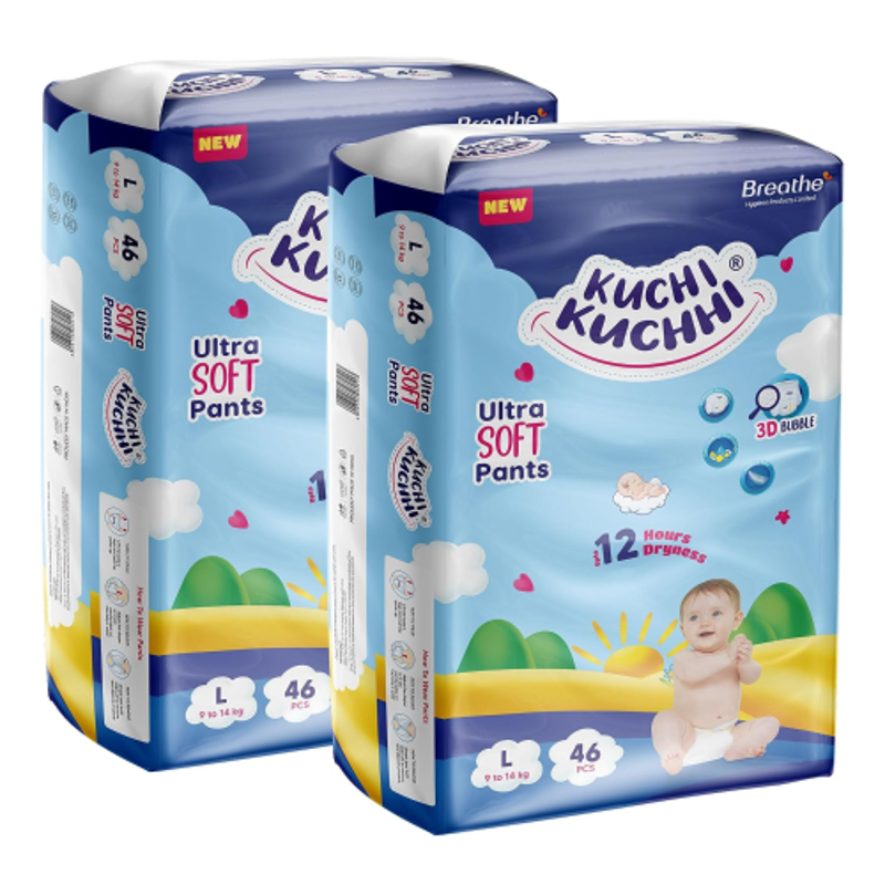 Kuchi Kuchhi 46 Pcs 9-14kg White Large Ultra Soft Baby Diaper Pant with 3D Bubble Tope, KKL46X2 (Pack of 2)