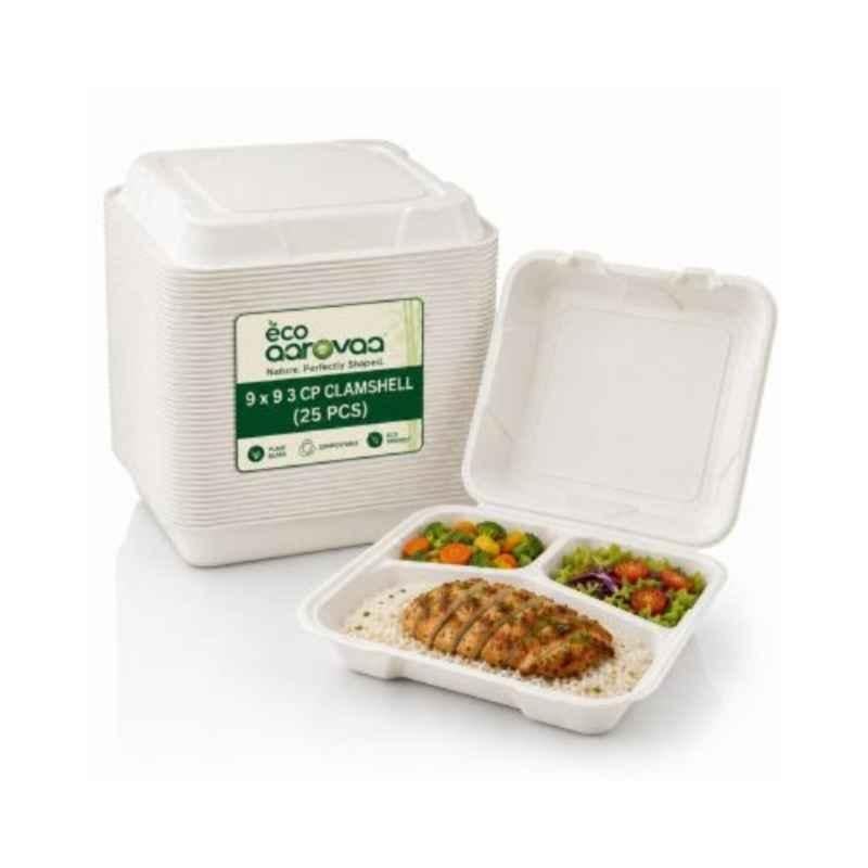 Eco Aaroyaa 9x9 inch Bagasse Clamshell with 3 Compartment (Pack of 25)
