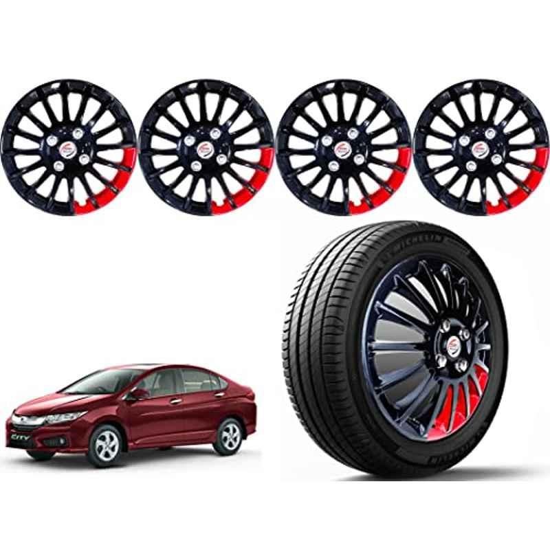 Auto Pearl 4 Pcs 15 inch ABS Black & Red Press Type Car Wheel Cover Set with Retention Ring for Honda City Idtec 2016