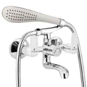 Cliquin Cubix Rosy Brass Chrome Wall Mounted Wall Mixer with Telephonic Crutch Hand Shower & 1m Stainless Steel Shower Tube