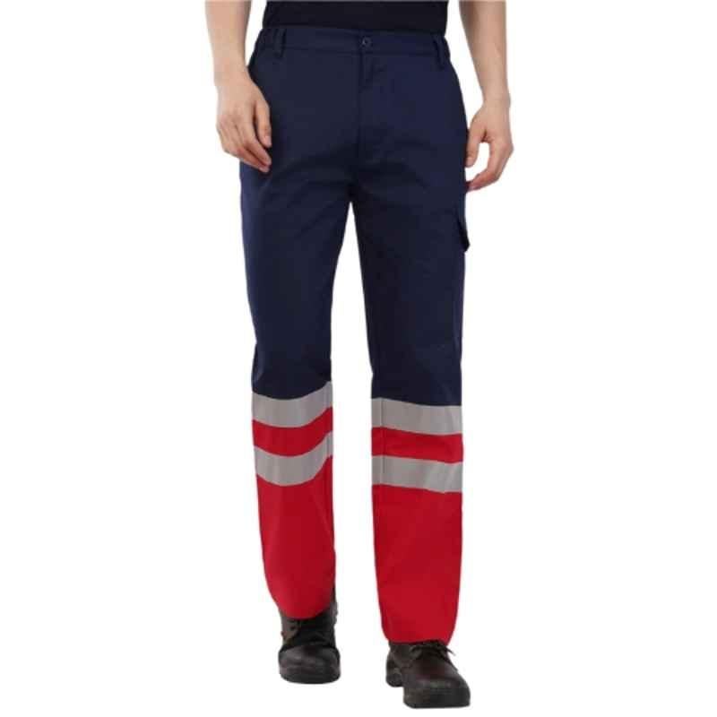 Atacama Atlanta Dual Tone Poly Cotton Blend Twill Navy Blue & Red Industrial Work Trouser with Reflective Strip, AWT005NR, Size: 32