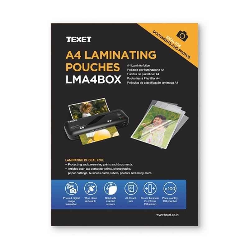 Texet A4 150 microns (75x2) White Glossy Finish Laminating Pouches, LMA4BOX75 (Pack of 100)
