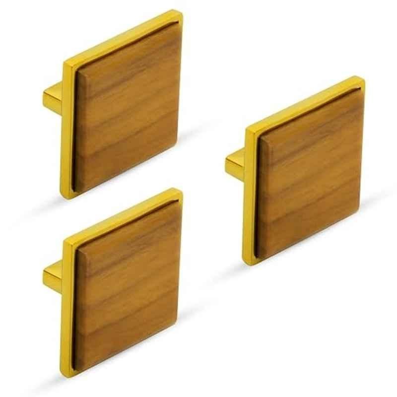 Plantex Knobs for Drawer | Square Drawer Knobs | Knobs for Cabinets | Pull-Push Knobs for Kitchen & Bedroom Drawer (Pack of 3) Big, Gold & Wood