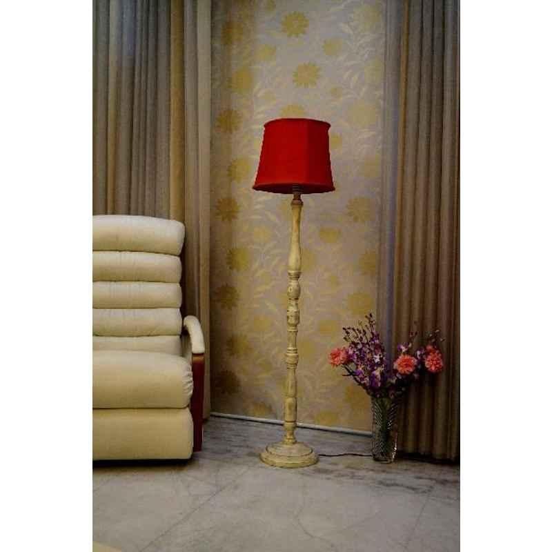 Tucasa White Mango Wood Floor Lamp with Red Polycotton Shade, WF-141