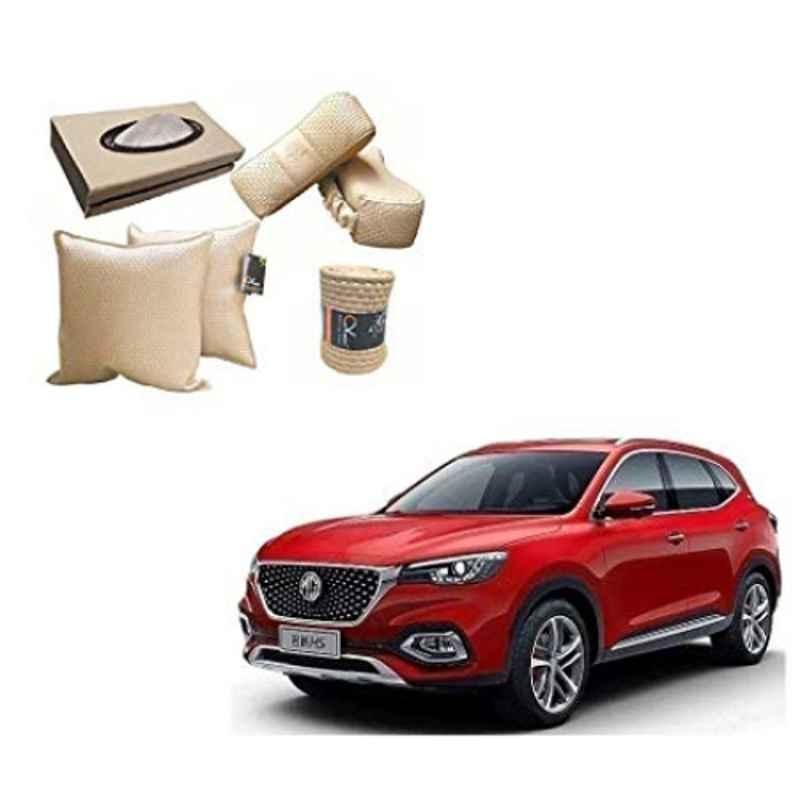 Kozdiko 2 Pcs Cushion Pillow, 2 Pcs Neck Rest, Tissue Box & Steering Beige Car Cover Combo for MG Hector