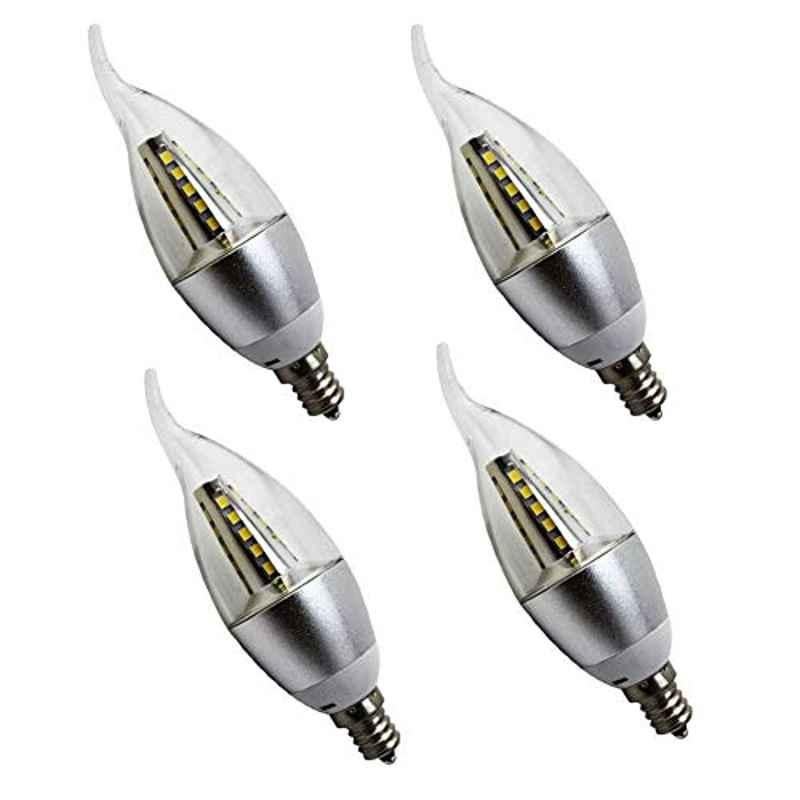 Modi Led Candle Bulbs, 5W E14 Led Candelabra Bulb 40W Equivalent, Ac220-240V Cool White 6500K Chandelier Light Bulbs, Non- Dimmable Clear Flame Tip Candle Light, 4 Pack Silver