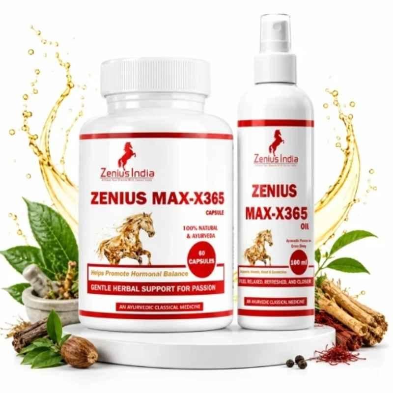 Zenius India MAX-X365 60 Pcs Capsule & 100ml Oil Kit with Ashwagandha Extract, Sandalwood, Clove & Nutmeg for Boosts Stamina, Energy, Improves Performance & Endurance