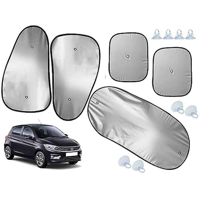 Auto Pearl 5 Pcs Polyester Black & Silver Window & Rear Sun Shade Set for Tata Tiago 2020 XB, XE & XM