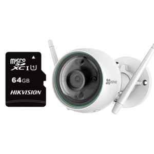 EZVIZ C3N Full HD 1080P IP67 White Wi-Fi Outdoor Home Security Camera with 64GB Memory Card, Colored Night Vision & MicroSD Card Slot Upto 256GB by Hikvision