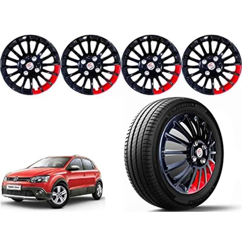Auto Pearl 4 Pcs 15 inch ABS Black & Red Press Type Car Wheel Cover Set with Retention Ring for Volkswagen Polo Cross 2014
