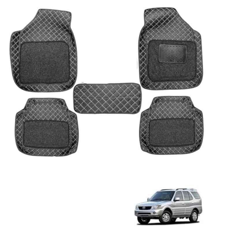 Kozdiko 5 Pcs Waterproof & Luxury 7D Black Leatherette Car Floor Mat Set for Tata Safari Old