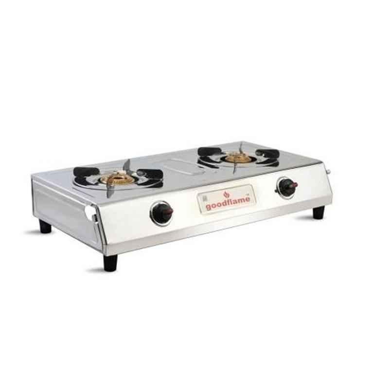 Good Flame Stelo Deluxe Manual Ignition 2 Burners Silver Gas Stove with Brass Burner with ISI Quality Mark & 1 Year Warranty, GF002