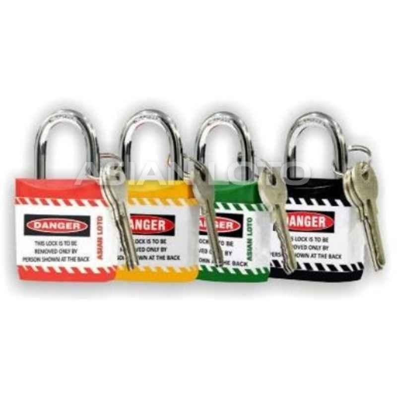 Asian Loto 4 Pcs Metal & Plastic Red, Yellow, Green & Black Regular Shackle Jacket Padlock Set with 3 Keys, ALC-LPR