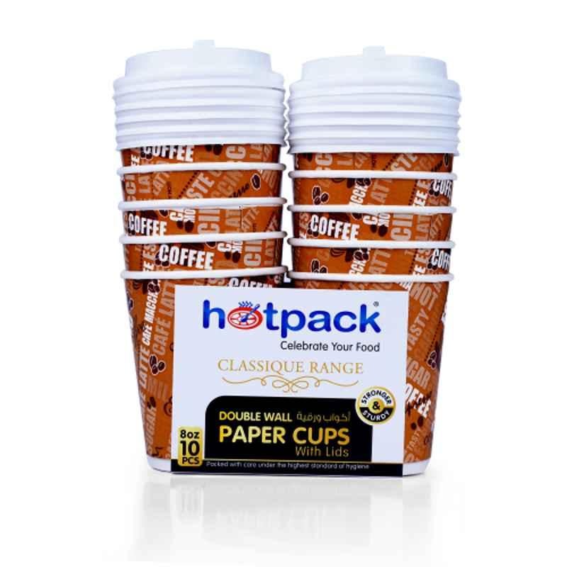 Hotpack 10Pcs 8Oz Paper Double Wall Cup with Lid Set, HSMDWPC8C