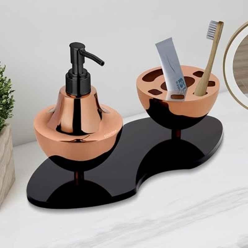 Plantex Liquid Soap Dispenser with Tumbler Holder for Bathroom/Stainless Steel and Acrylic 2 4-in-1 Shampoo Dispenser with Toothpaste Holder/Bathroom Accessories Rose Gold & Black