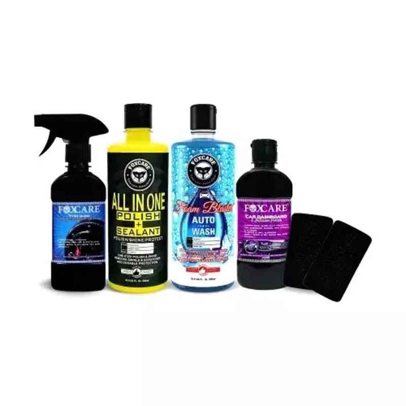 Foxcare Liquid & Spray All In One Polish & Sealant, 500 Ml Foam Blaster Auto Wash Shampoo, 200 Ml Dashboard Polish, 200 Mltyre Gloss Cars 1400 Ml Car Care Kit (Pack of 6)