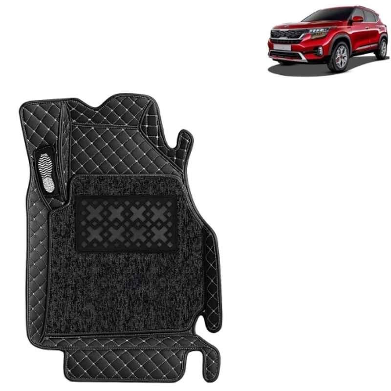 Kingsway 3 Pcs Premium 7D 100% Waterproof & Washable PU Leatherette Classic Black Car Floor Mat Set for Kia Seltos 2019 to 2023 All Model