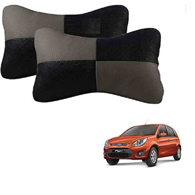 Kozdiko 2 Pcs Leather Grey & Black Neck Rest Car Cushion Pillow Set for Ford Old Figo (2009-2014)