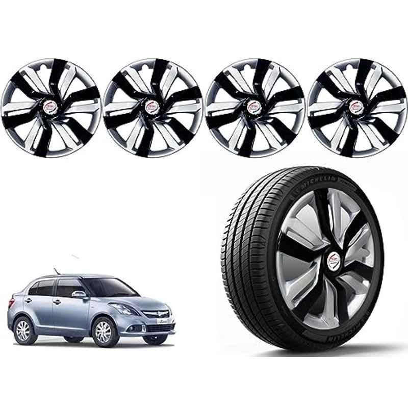 Auto Pearl 4 Pcs 14 inch Polypropylene Black & Silver Press Type Car Wheel Cover Set with Retention Ring for Maruti Suzuki Swift Dzire Type 3 2015-2017, 14WC_Idtec_Rev_DzireType3_2015_17
