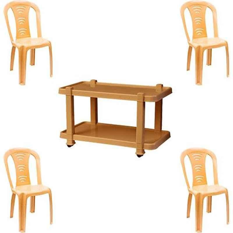 Italica 4 Pcs Polypropylene Marble Beige Without Arm Chair & Marble Beige Table with Wheels Set, 9306-4/9509