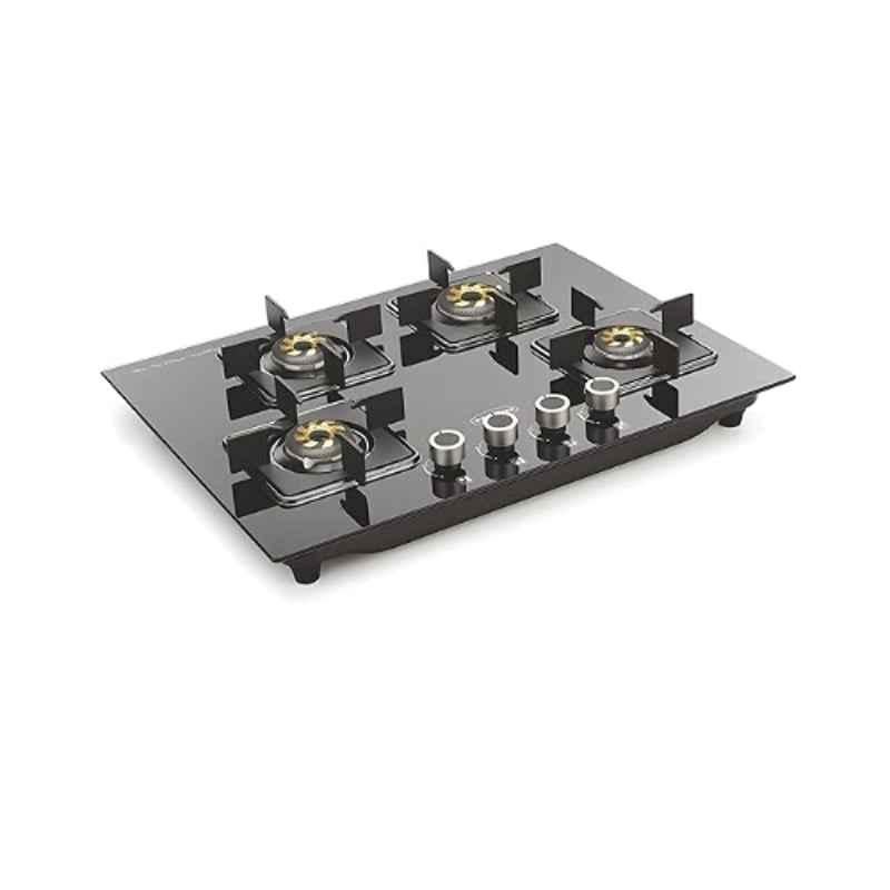 Padmini 4 Burner Stainless Steel Black Automatic Ignition Glass Top Gas Stove, Gas Hob CS-406 GL IB HF