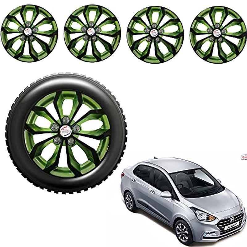 Auto Pearl 4 Pcs 14 inch ABS Black & Green Press Fitting Wheel Cover Set for Hyundai Xcent 2017 with Retention Ring