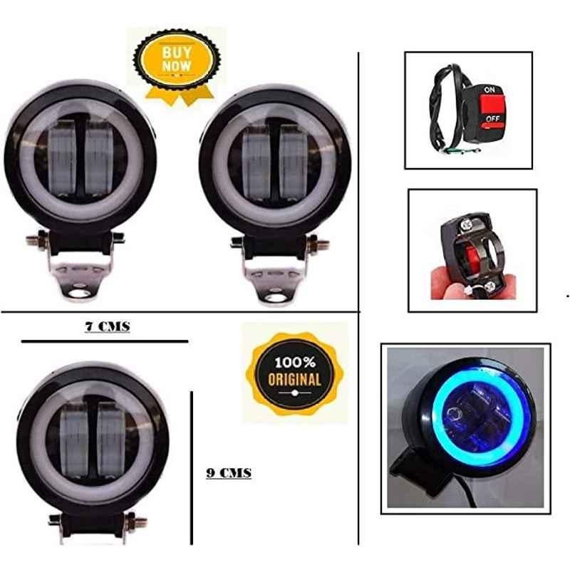 AOW Harley Type Bike Led Fog Lamp Light Assembly White & Blue (Set of 2) with Switch for Hero Passion Pro
