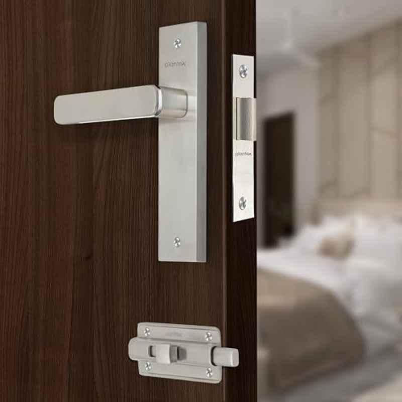 Plantex Heavy Duty Door Lock Bathroom Door Lock/Mortise 8inch Keyless Plate Handle Set for Home/Bathroom/Store Room/Balcony/Office with Baby Latch 8125, Steel Satin & Chrome