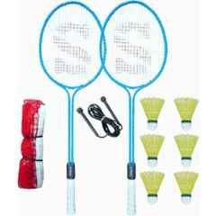 STYRKR Alloy Steel Blue Badminton Racquet Set of 2 Steel Frame with Shuttlecocks 6 &1 Net Skipping Rope Badminton Kit