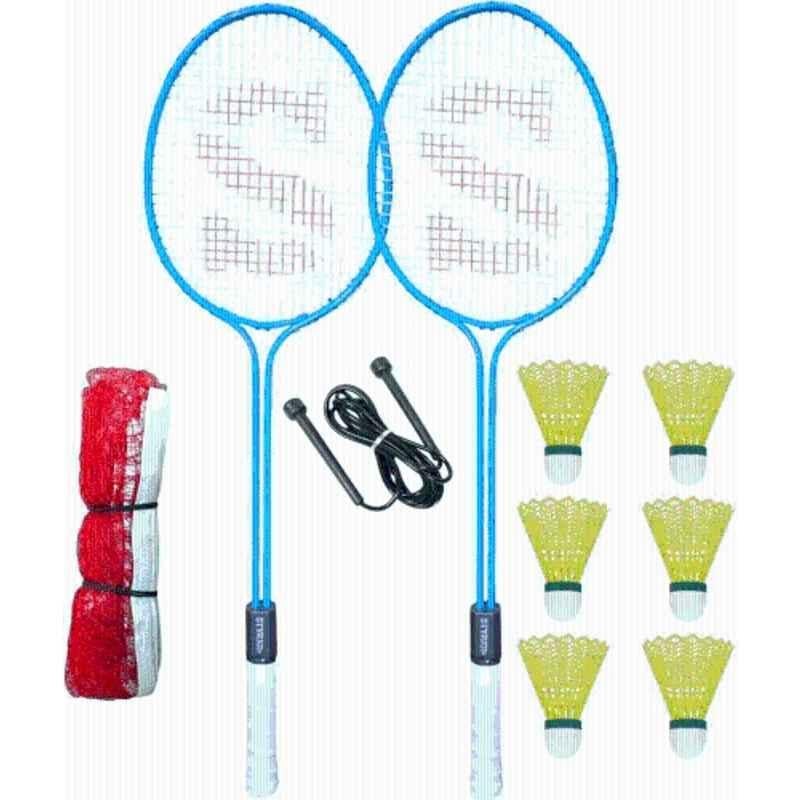 STYRKR Alloy Steel Blue Badminton Racquet Set of 2 Steel Frame with Shuttlecocks 6 &1 Net Skipping Rope Badminton Kit