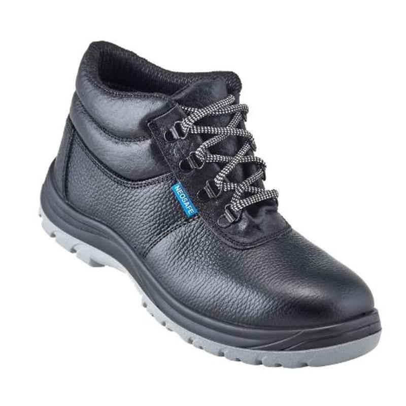 NEOSafe Helix A7025 High Ankle Steel Toe Black Leather Work Safety Shoes, Size: 7