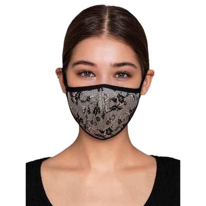 Clovia 3 Layers Black Printed Cotton Contour Fit Face Mask with Filter, MASK37F13M
