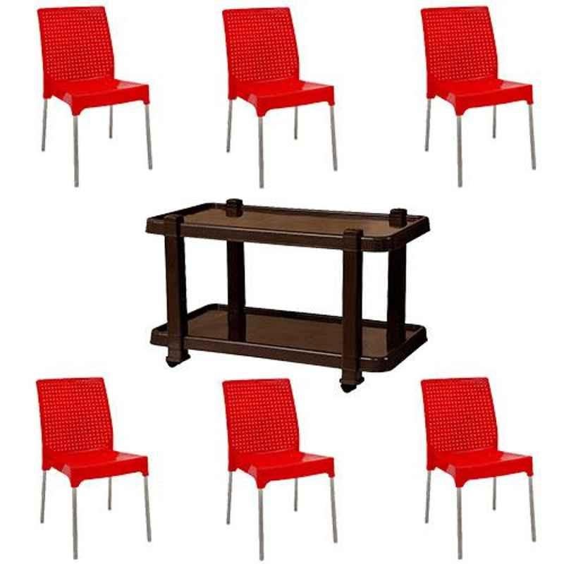 Italica 6 Pcs Polypropylene Red Plasteel without Arm Chair & Nut Brown Table with Wheels Set, 1206-6/9509