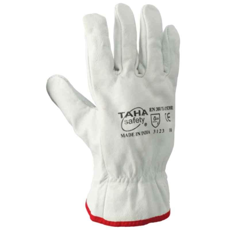 Taha LG Driver TE 153R Grain Leather Natural White Safety Gloves, Size: XL