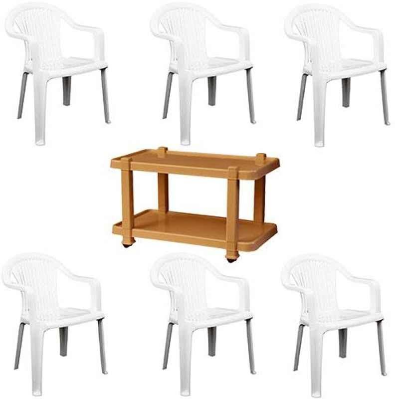 Italica 6 Pcs Polypropylene White Premium Arm Chair & Marble Beige Table with Wheels Set, 9201-6/9509