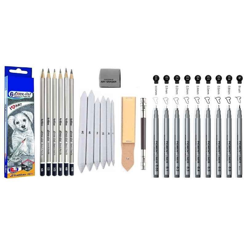 ChiggiWiggi 6 Pcs Artline Pencil Drawing Set, 6 Pcs Blending Smudging Stumps Set, 9 Pcs Water-Based Black Pigment Liner Pen, Kneadable Art Eraser, Sand Paper & Pencil Extender Combo, C11