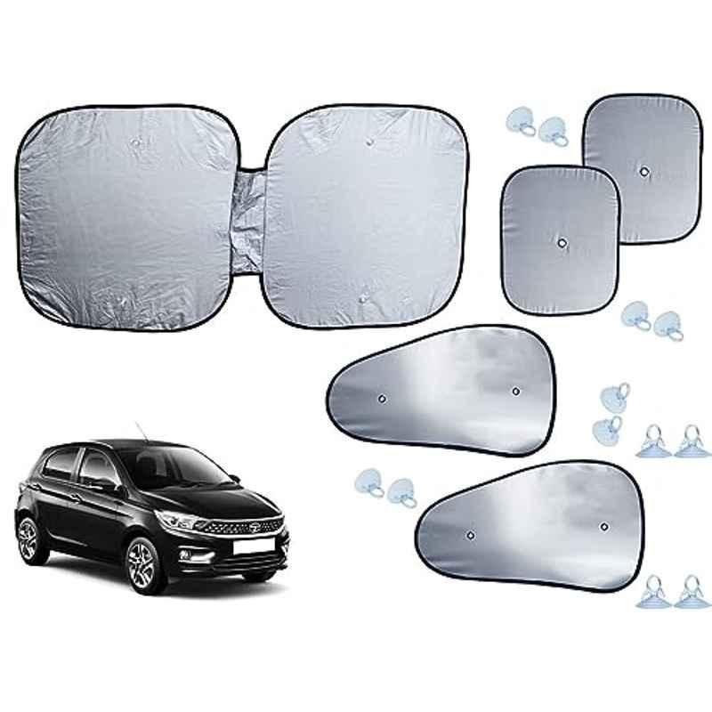 Auto Pearl 5 Pcs Polyester Black & Silver Window & Front Sun Shade Set for Tata Tiago 2020 XT & XZ