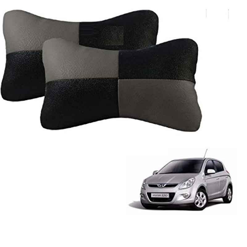 Kozdiko 2 Pcs Leather Grey & Black Neck Rest Car Cushion Pillow Set for Hyundai Old i20 (2008-2014)