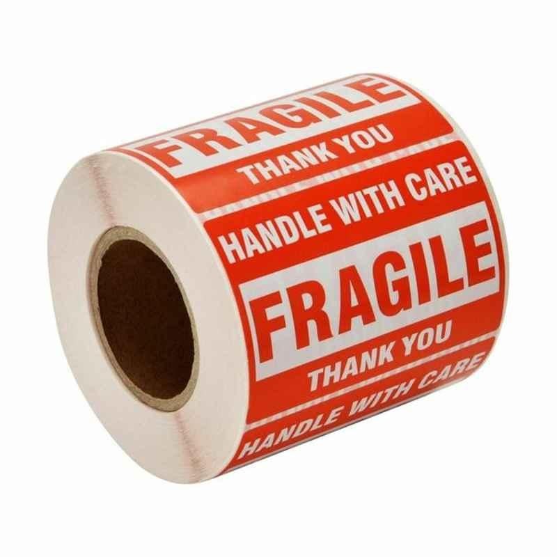 Fragile Warning Sticker, 3  inchx4  inch, Polypropylene, Red, 100 Pcs/Roll
