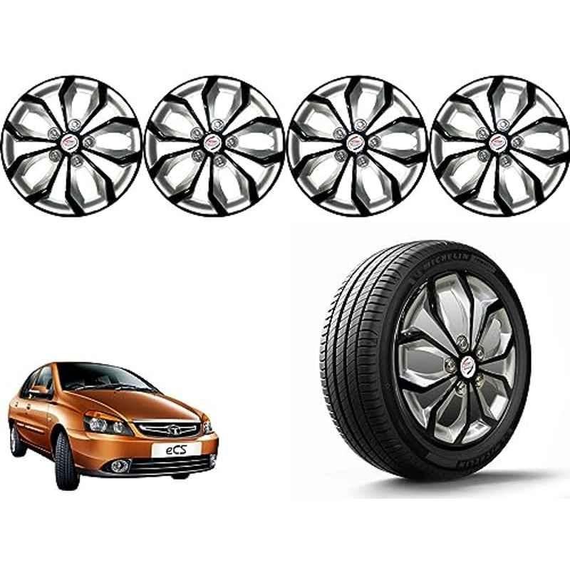 Auto Pearl 4 Pcs 14 inch Polypropylene Black & Silver Press Type Car Wheel Cover Set with Retention Ring for Tata Indigo CS, 14WC_Pearl_Rev_IndigoCS