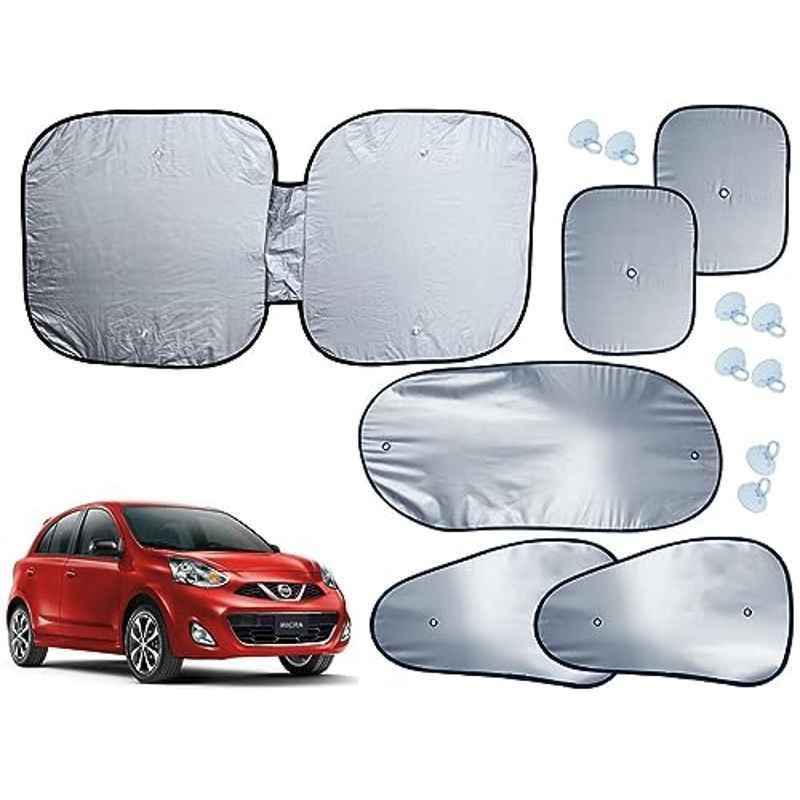 Auto Pearl 6 Pcs Polyester Black & Silver Window, Front & Rear Sun Shade Set for Nissan Micra 2015