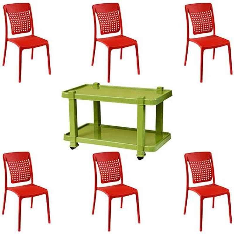 Italica 6 Pcs Polypropylene Red Spine Care Chair & Green Table with Wheels Set, 2109-6/9509