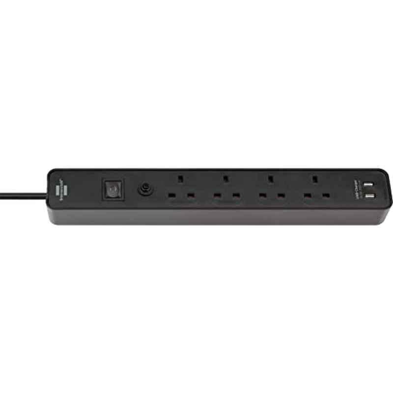 Brennenstuhl 3m 4 Way Polycarbonate Black Extension Lead with USB Slot, 1153243006