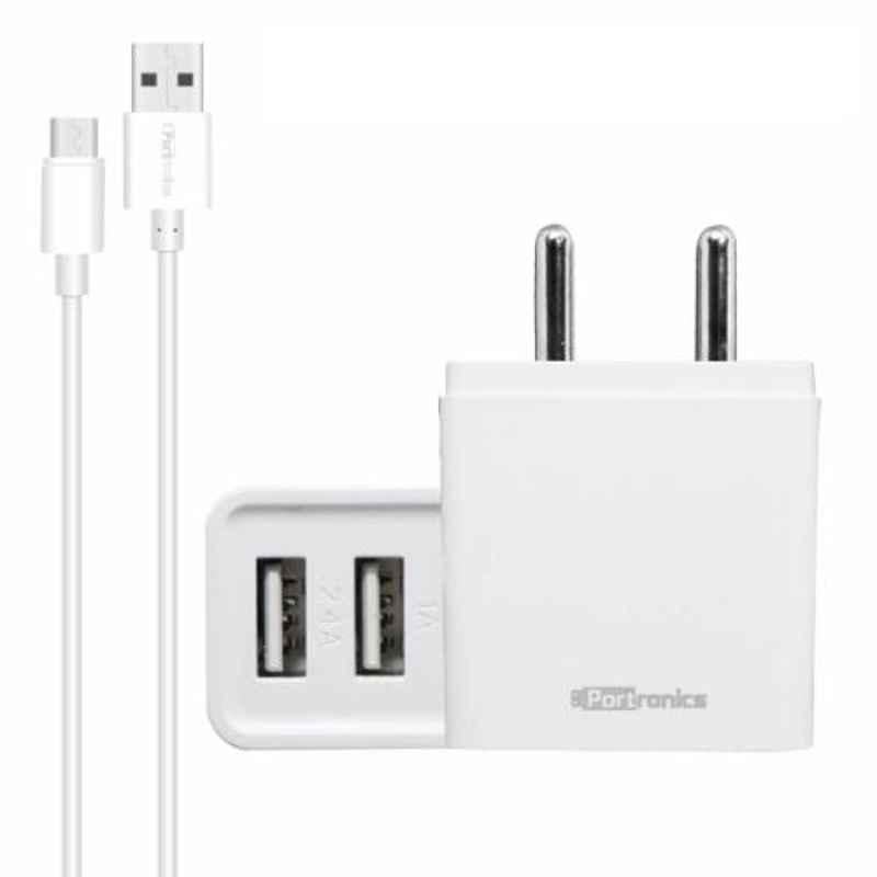Portronics Adapto 648 White 2.4A Charger with Dual USB Port, POR-648 (Pack of 5)