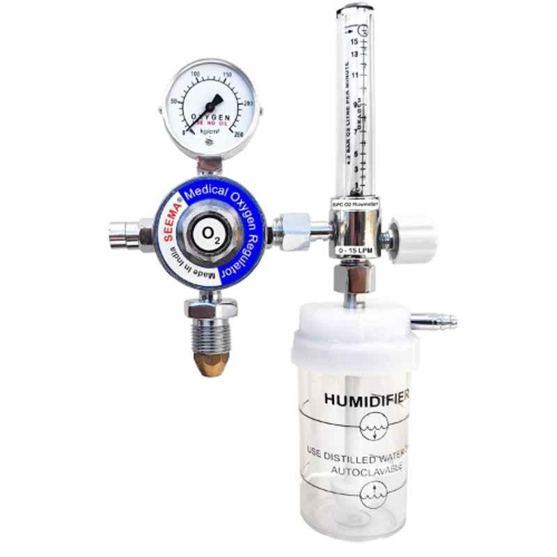 Seema 4 Bar Single Stage Single Gauge Medical Oxygen Gas Regulator with BPC Flowmeter & Humidifier, S.SS.SG.MOX.FH