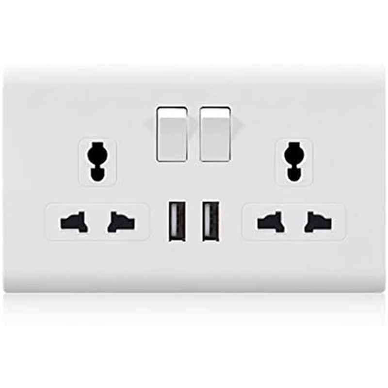 Abbasali White Polycarbonate Double Switch Multi Socket and 2 USB Universal Wall Socket
