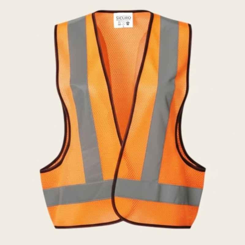 Sicuro 65GSM Polyester Orange 3-Side Open V Neck Safety Jacket with Reflective Strip, Size: L