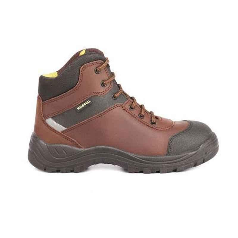 Wild Bull WB-HeroPlus Leather High Ankle Steel Toe Brown Work Safety Shoes, Size: 7